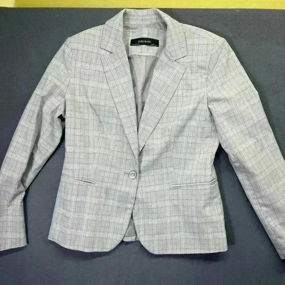 ZARA Basic Plaid Gray Blazer Jacket Coat Womens 8 Cute Designer Soft Comfy 0960 - Picture 1 of 7